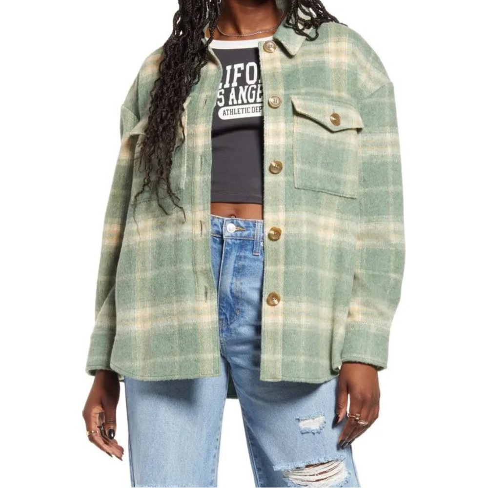 BP. Plaid Brushed Shacket Green Cream Womens Sz L Pockets Jacket